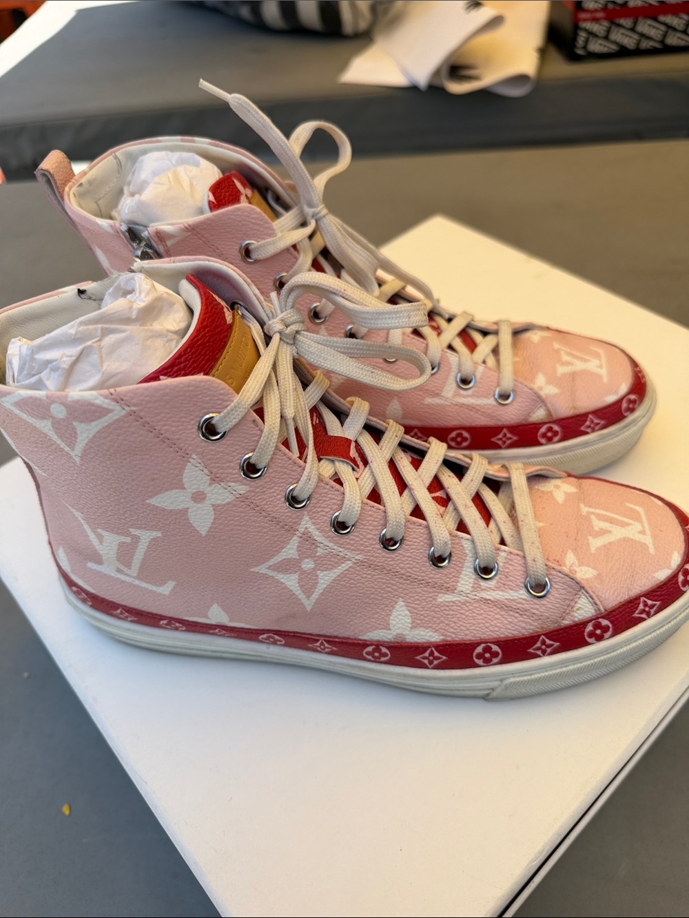 Louis Vuitton Pink and Red Monogram High-Top Sneakers